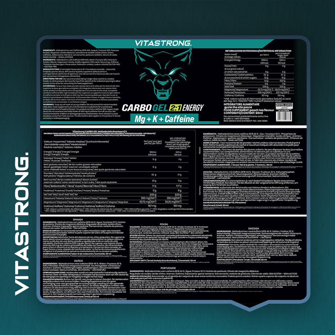 Vitastrong Carbo Gel 2:1 + Koffein. Informations produit sur l'emballage. Texte: Carbo Gel 2:1, Mg + K + Caféine, Énergie. Informations nutritionnelles.