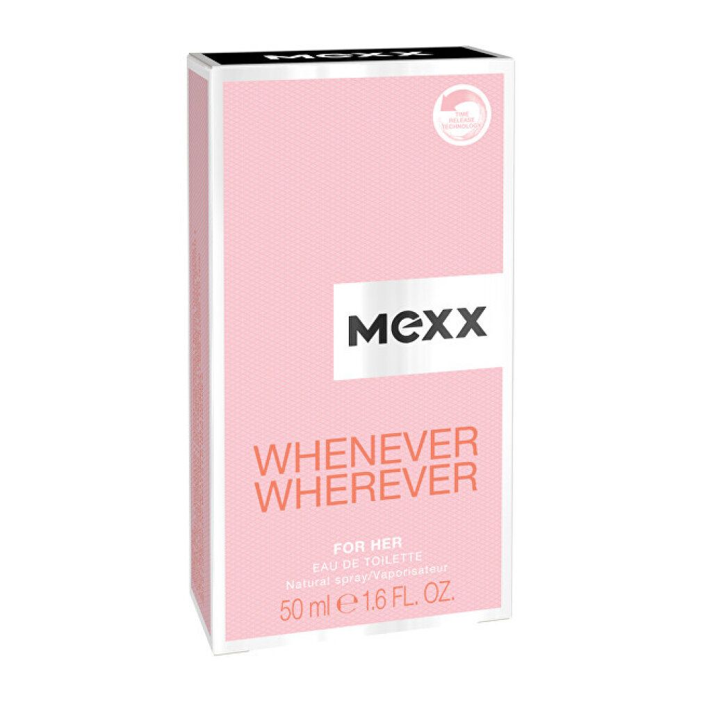 Boîte rose avec cadre blanc. Inscription : MEXX, Whenever Wherever, For Her. Eau de Toilette. 50 ml.