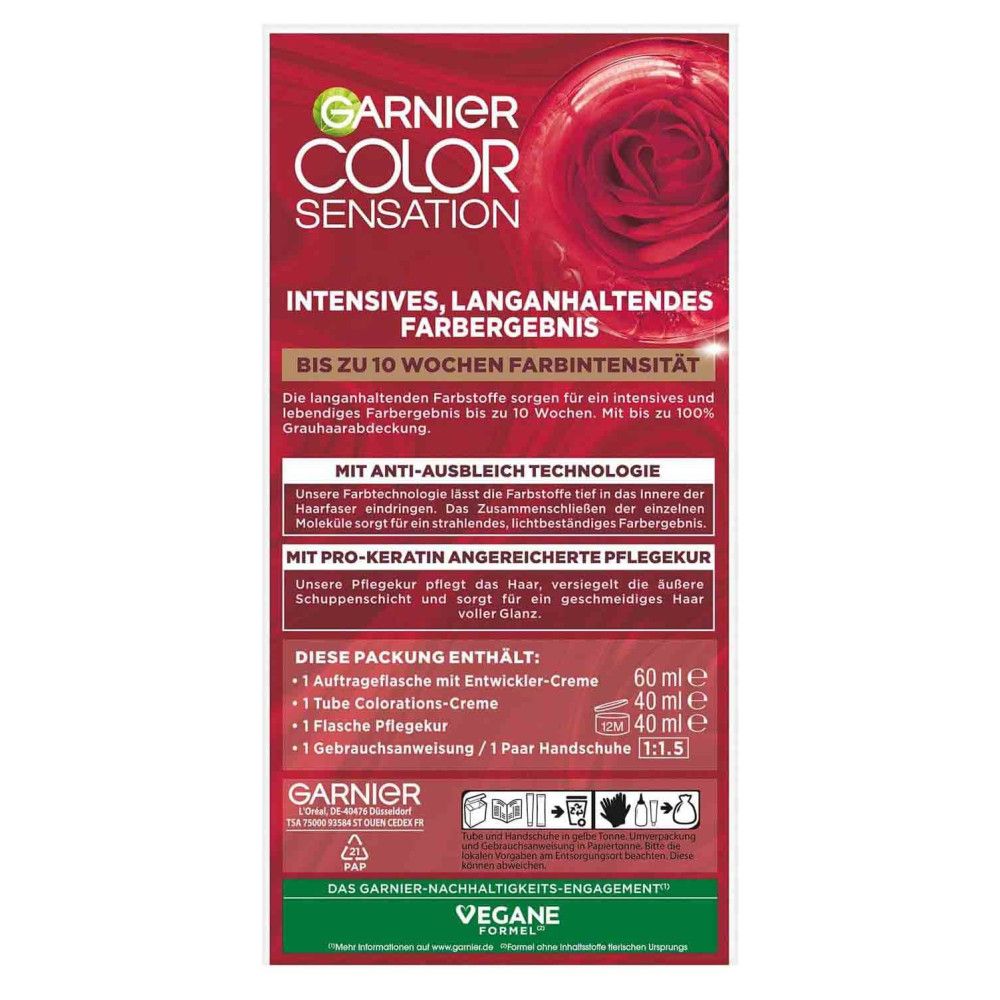 Emballage Garnier Color Sensation. Contient: flacon applicateur, crème colorante, soin, notice, gants. Formule végétalienne.