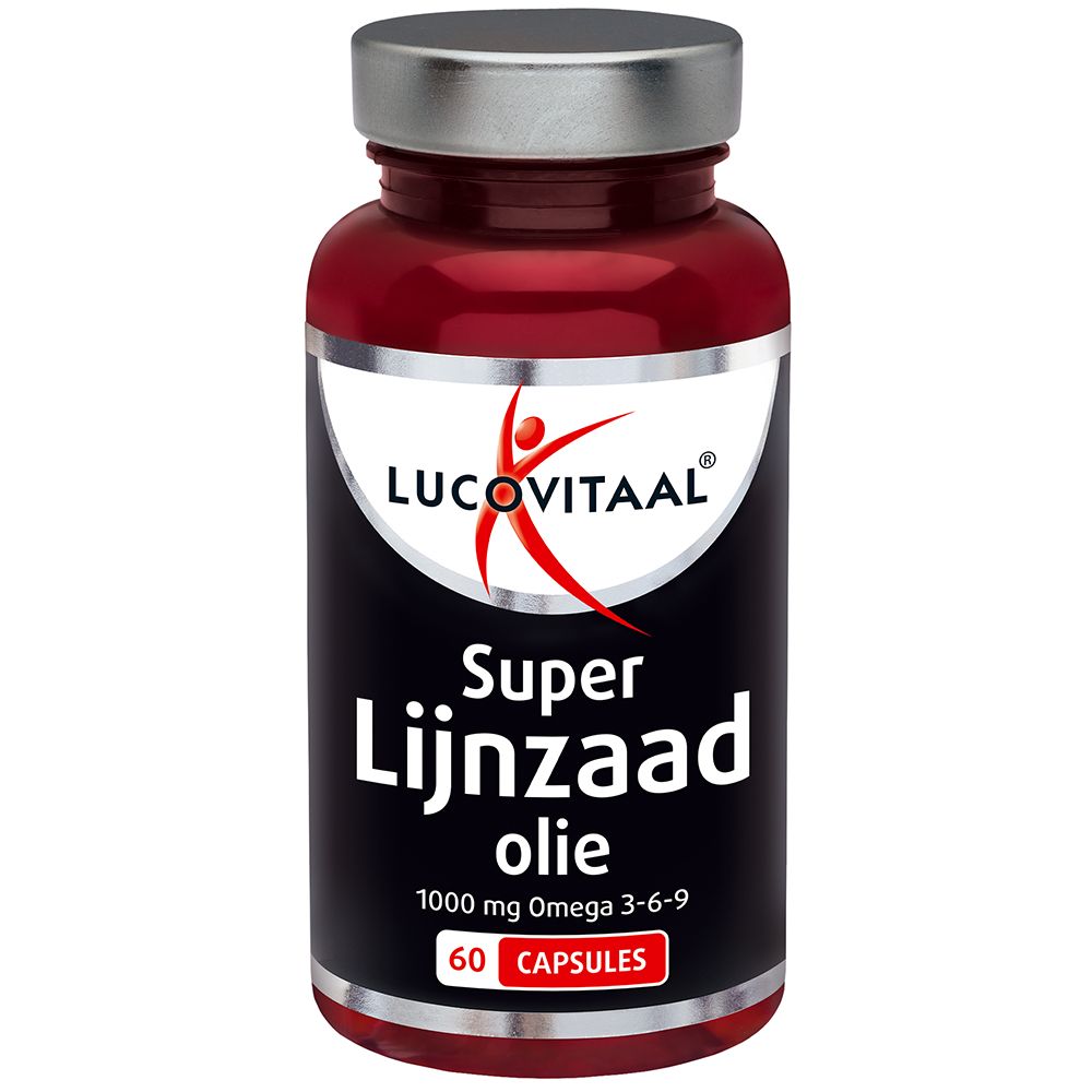 Rode capsulefles met zilveren dop. Opschrift: Lucovitaal, Super Lijnzaad olie, 1000 mg Omega 3-6-9, 60 capsules.
