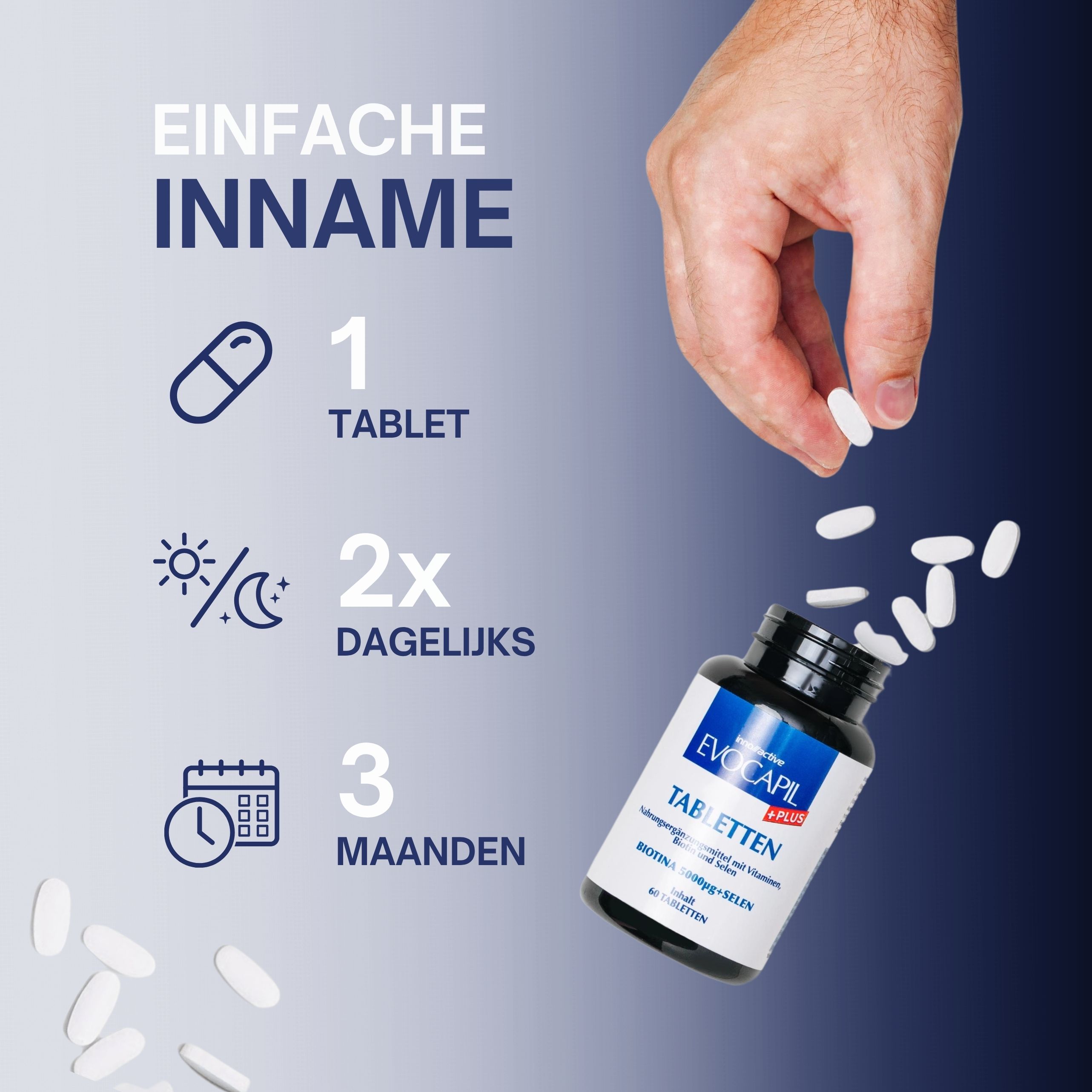 Inname: 1 tablet, 2x daags, 3 maanden. Fles met tabletten. Blauwe grafiek.