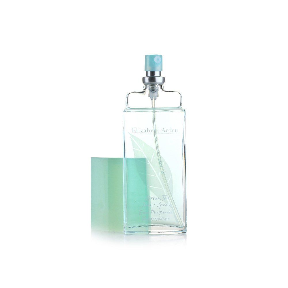 Green Tea Scent Spray. Fles met blauwe verstuiver en groene dop. Productnaam en bladlogo.