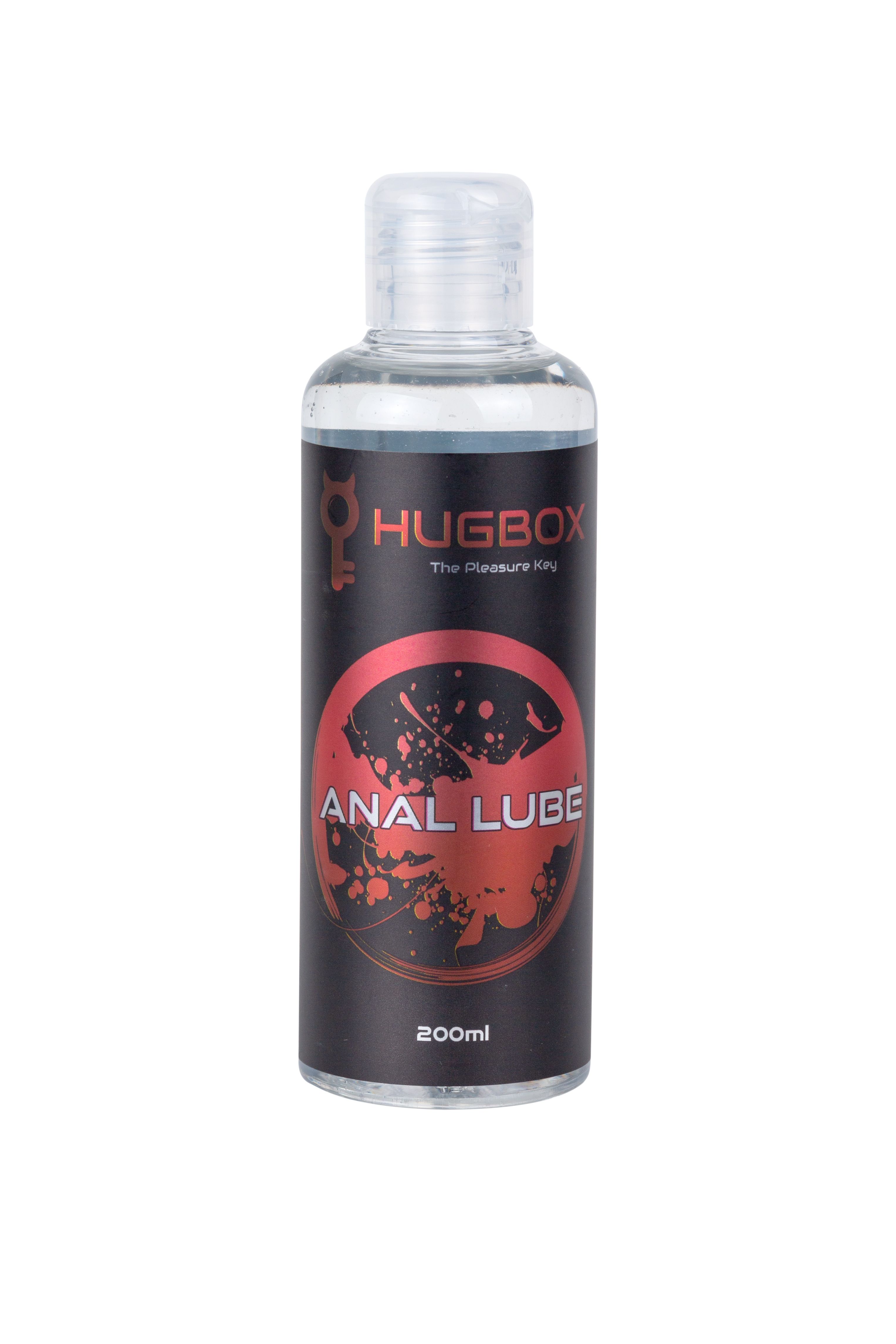 Fles met transparante vloeistof en zwart etiket. Rode cirkel met opschrift ANAL LUBE. Volume: 200ml.
