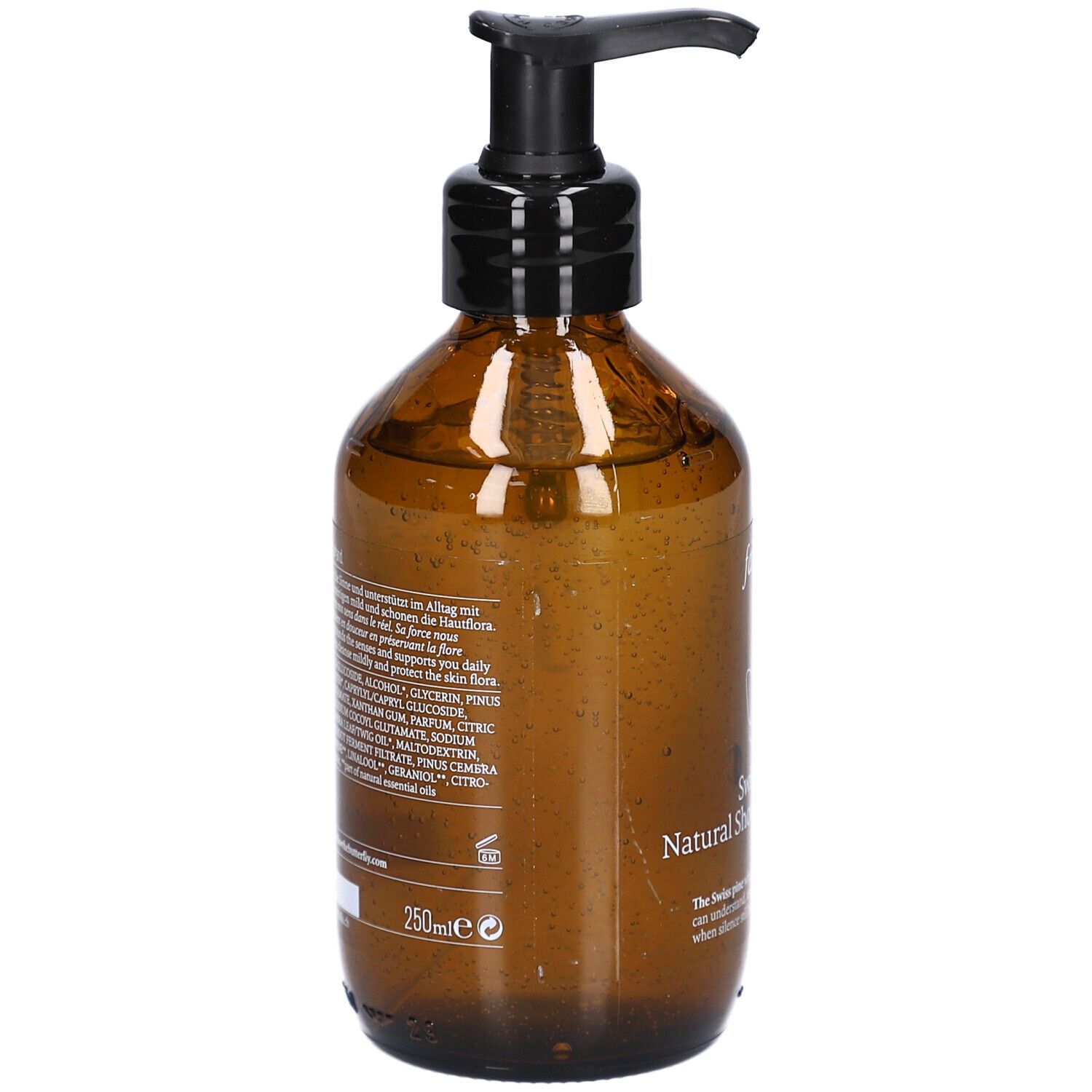 Flacon brun avec pompe noire. Dos avec texte et ingrédients. 250ml.