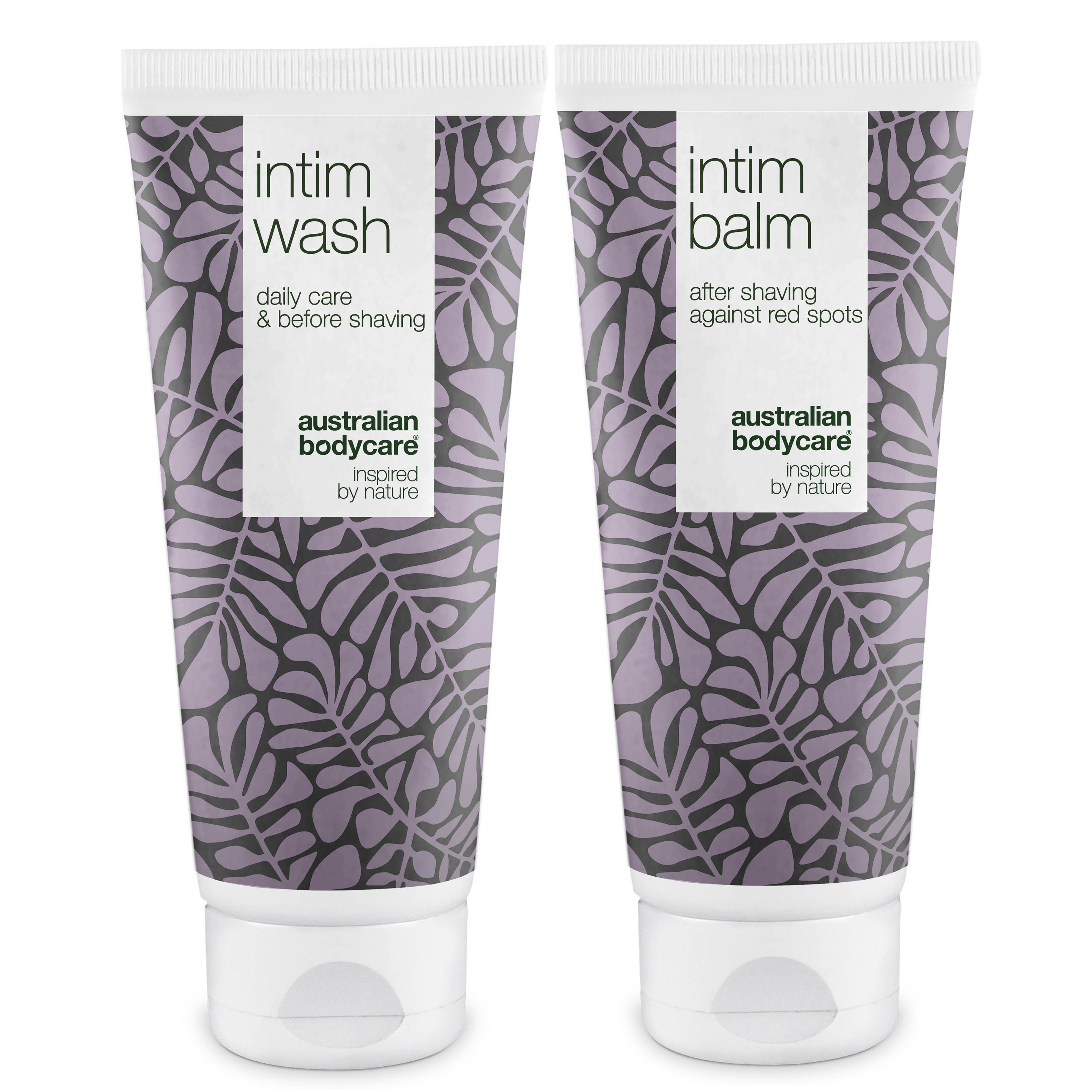 Twee tubes intieme wasgel en balsem. Wit-paars ontwerp, bladerenpatroon. Merk: Australian Bodycare.