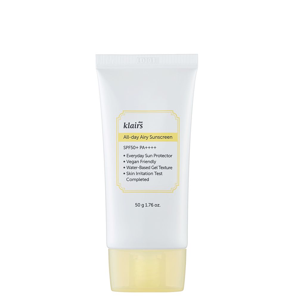 Witte tube met gele dop, Klairs All-day Airy Sunscreen, SPF50+ PA++++, 50g.