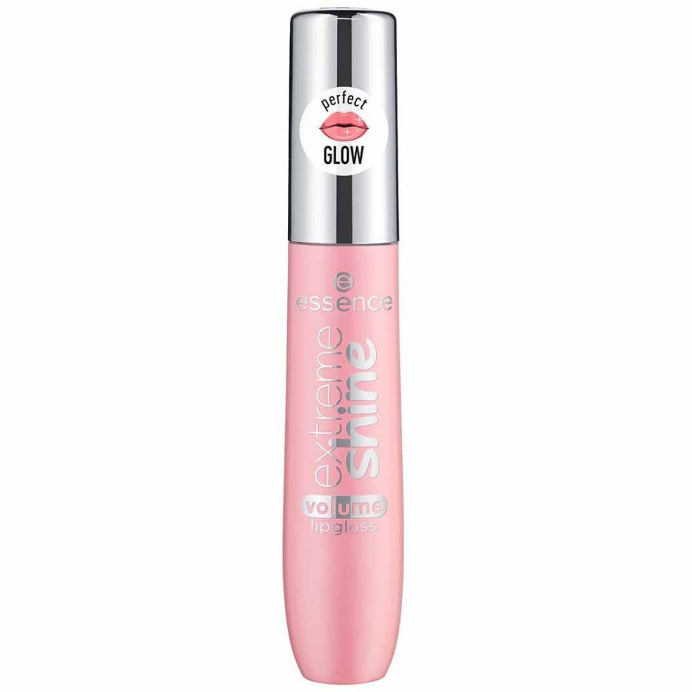 Roze lipgloss tube met zilveren dop. Sticker met lippenillustratie en tekst 'perfect glow'. Tekst 'extreme shine volume lipgloss'.
