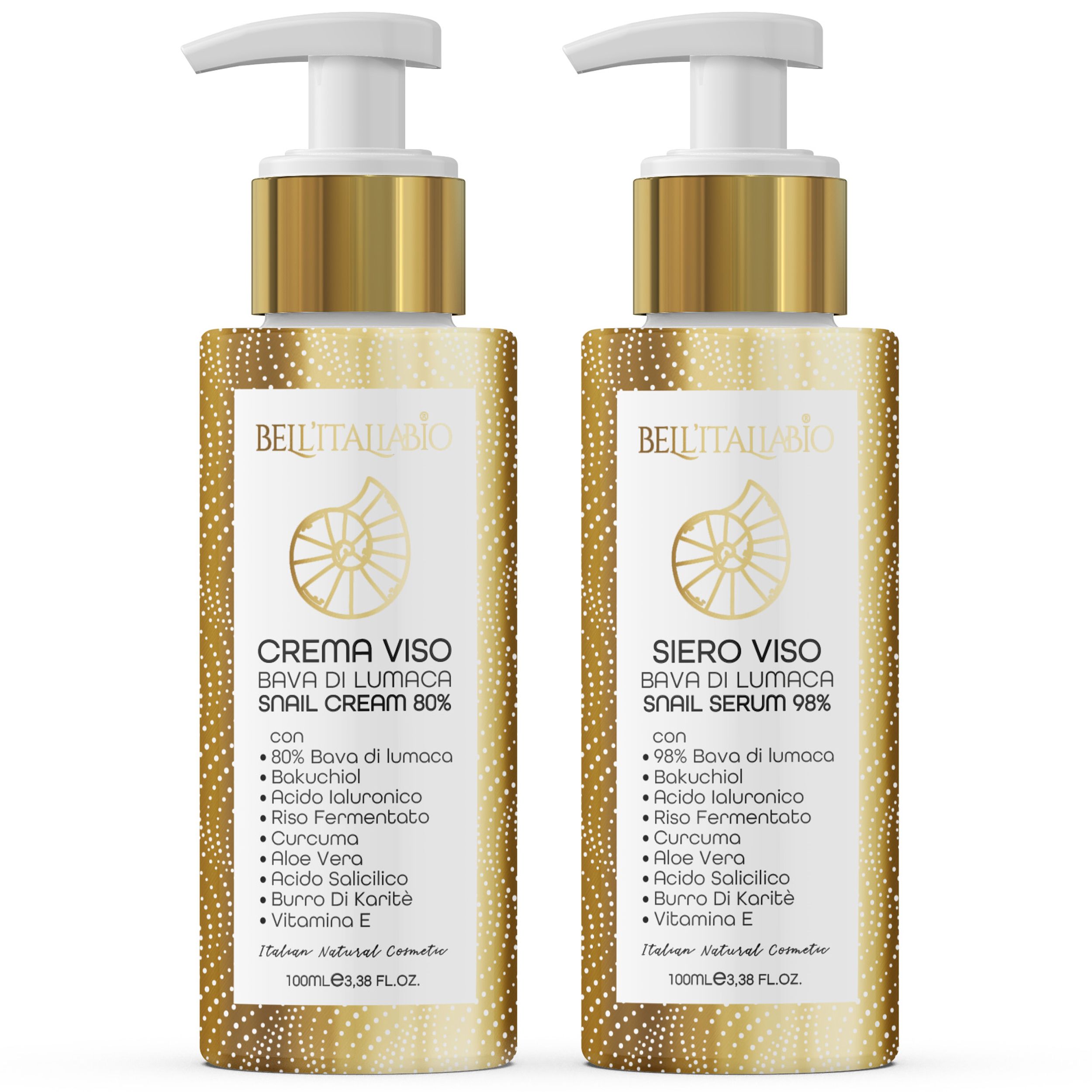Deux flacons de sérum et crème BellItaliabio à la bave d'escargot. Flacons dorés avec pompe blanche. Étiquettes avec noms et ingrédients.