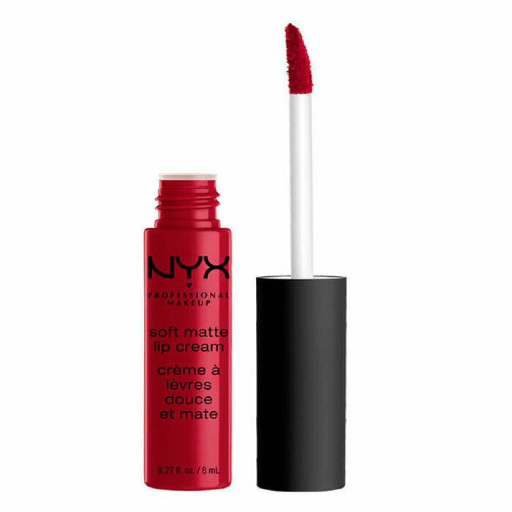 Rouge à lèvres rouge ouvert avec applicateur. Bouchon noir, tige blanche. Inscription : NYX Professional Makeup, Soft Matte Lip Cream.