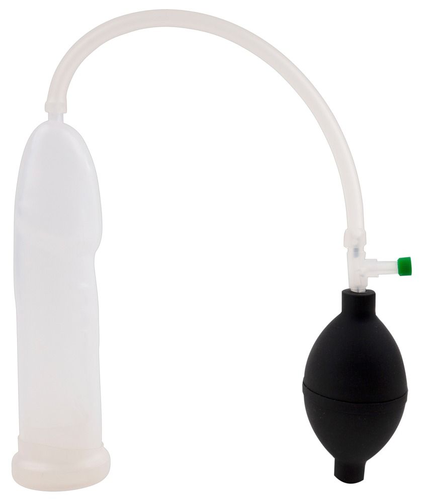 Anatomische penis pomp met transparante cilinder, zwarte balg en slang.