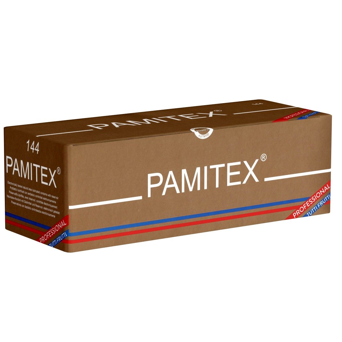 Bruine kartonnen doos met witte en gekleurde opschriften. Opschrift: PAMITEX PROFESSIONAL TUTTI FRUTTI. Rechthoekige vorm.