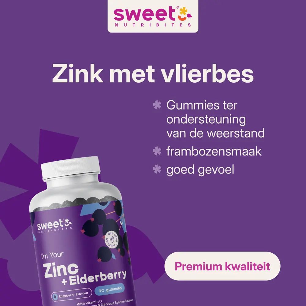 Flesje Zink + Vlierbessen gummies. Tekst: Zink met vlierbes. Gummies ter ondersteuning van de weerstand, frambozensmaak, goed gevoel. Premium kwaliteit.