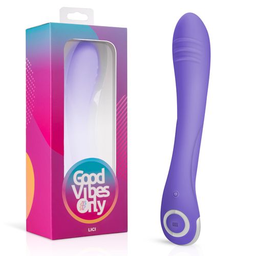 Paarse vibrator met afgeronde punt en bedieningspaneel. Verpakking met venster, opschrift "Good Vibes Only" en "Lici".