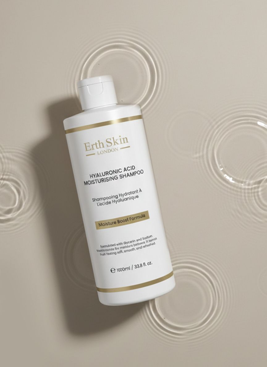 Wit shampoo met gouden accenten. Opschrift: Erth Skin London, Hyaluronic Acid Moisturizing Shampoo. Ligt op een oppervlak met waterringen.