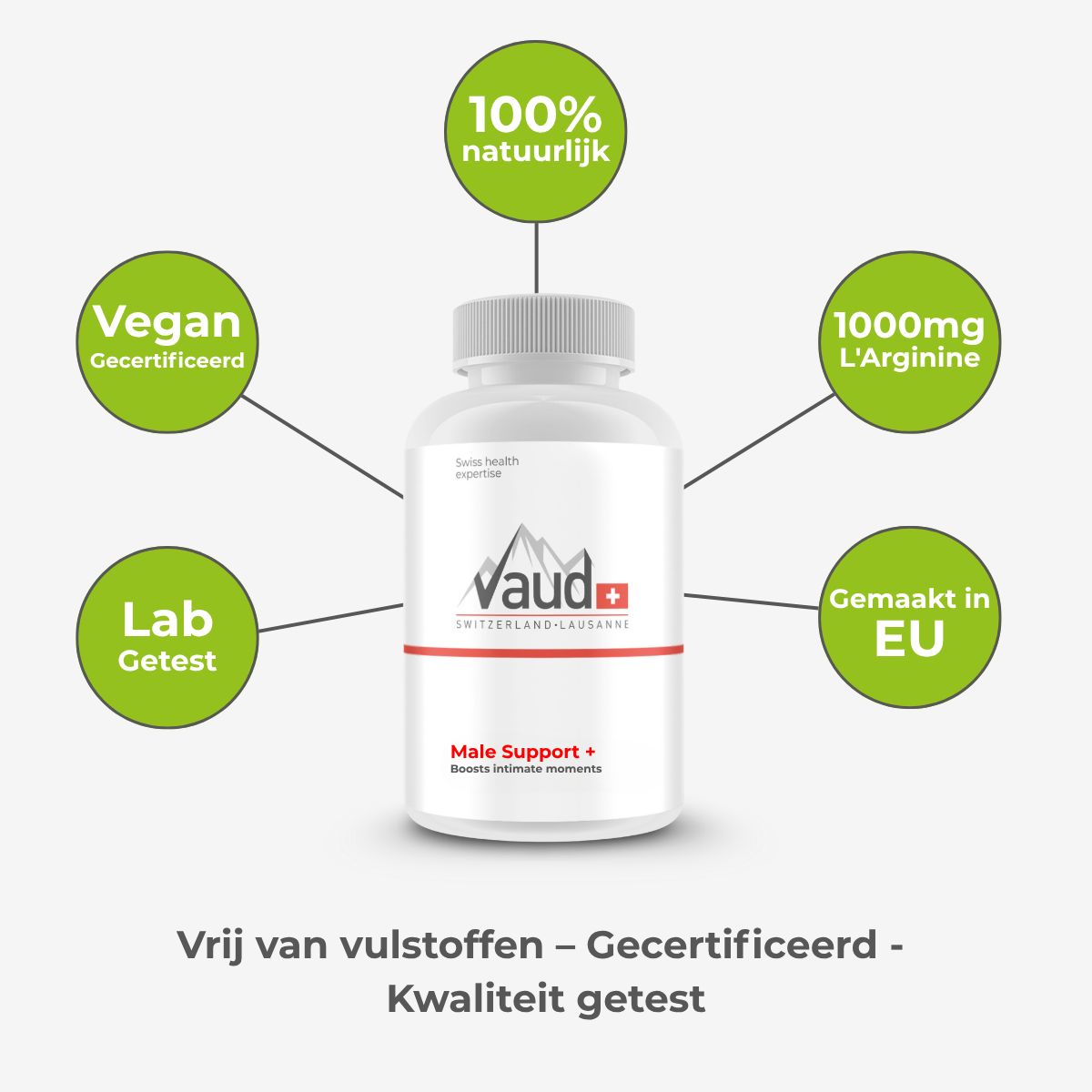 Witte fles met capsules. Tekst: Vaud, Male Support +. 100% natuurlijk, vegan, 1000mg L'Arginine.