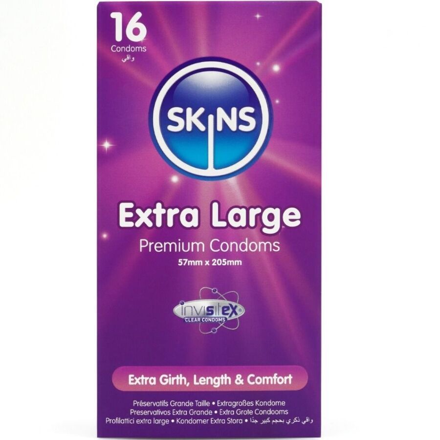 Boîte de préservatifs Skins Extra Large, 16 unités. Emballage violet avec nom et dimensions.