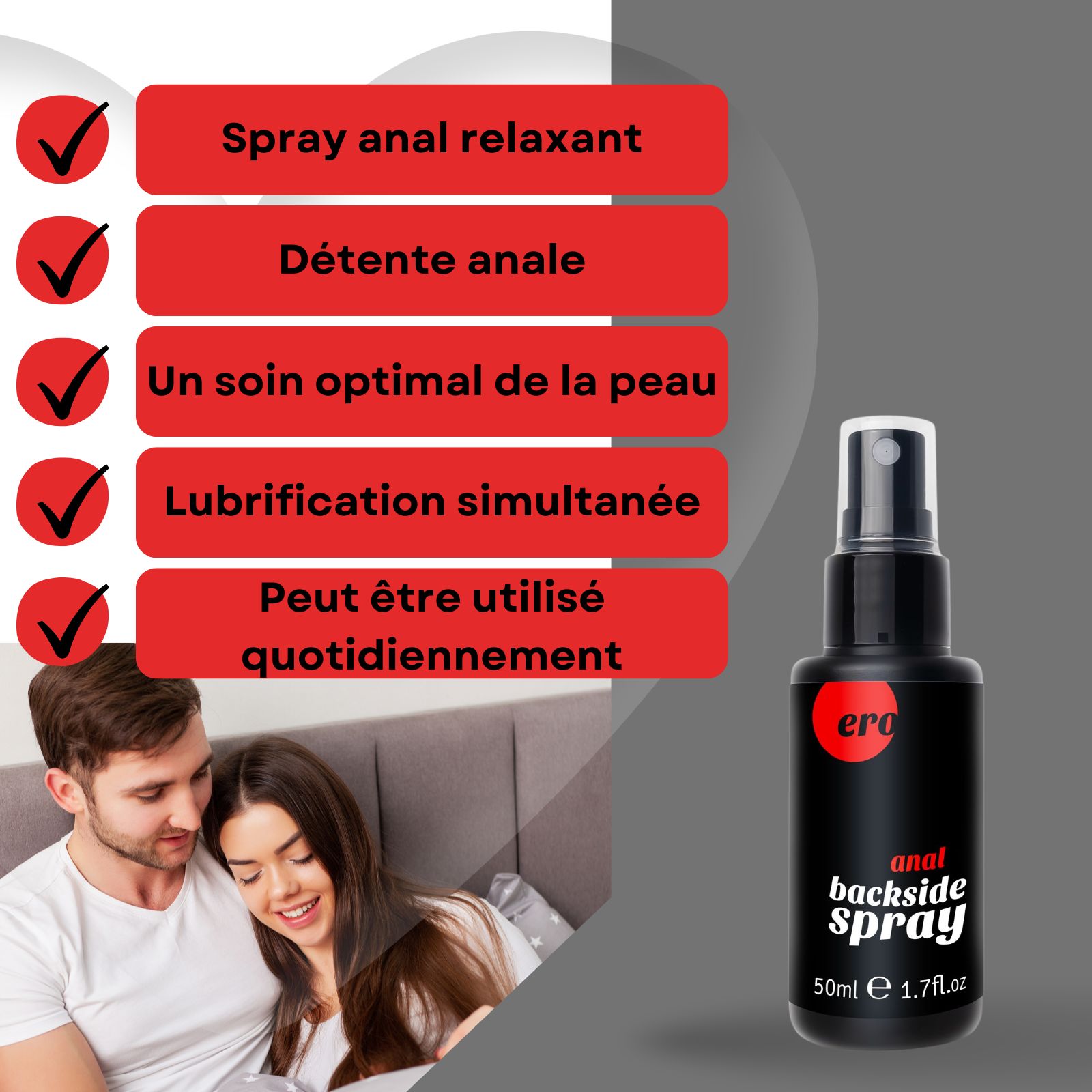 Flacon noir avec vaporisateur. Inscription : "ero anal backside spray". Couple au lit. Texte sur fond rouge.
