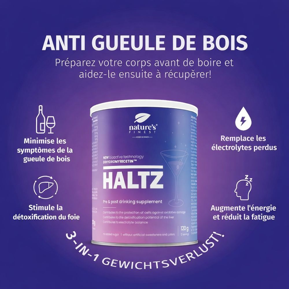 Boîte "HALTZ" à côté d'icônes. Texte: Anti-gueule de bois. Inscriptions: minimise symptômes, détoxifie, remplace électrolytes, augmente énergie.