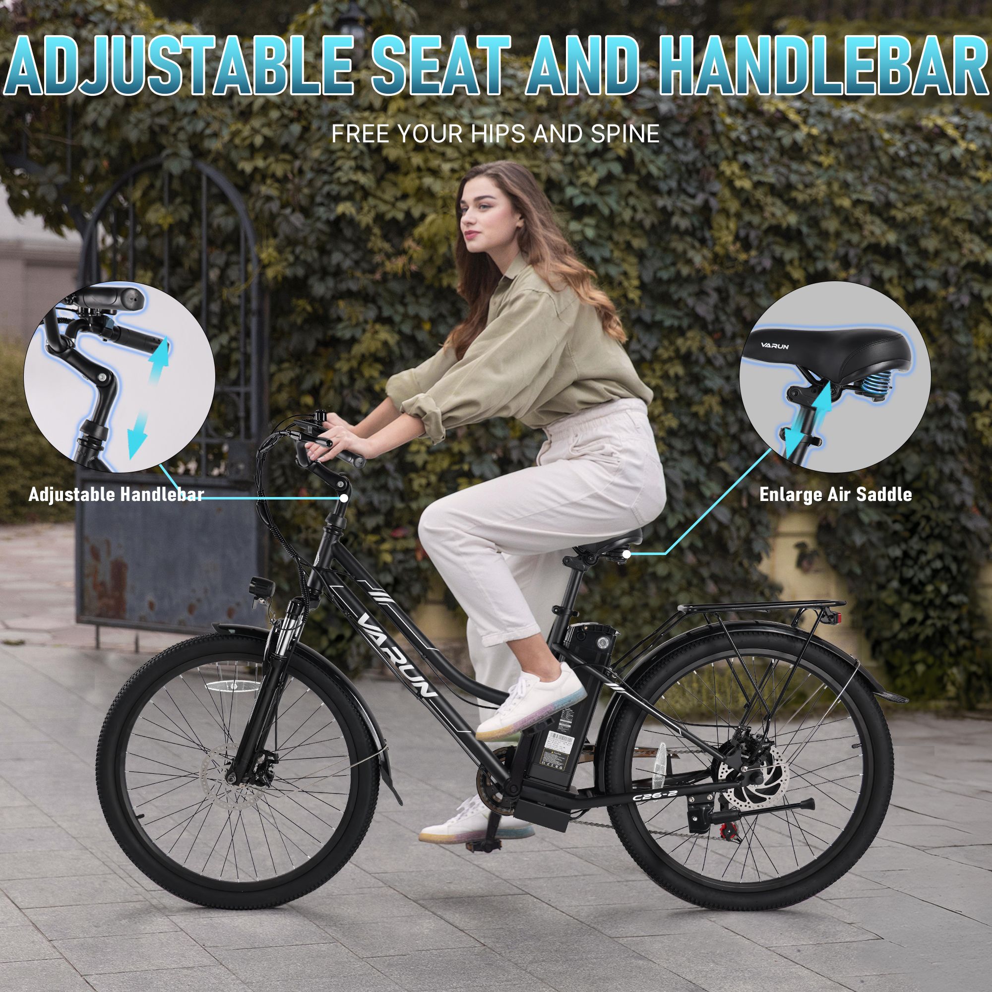 Zwarte e-bike VARUN C26-2. Vrouw op fiets. Verstelbaar stuur en zadel. Zwarte banden en spatborden.