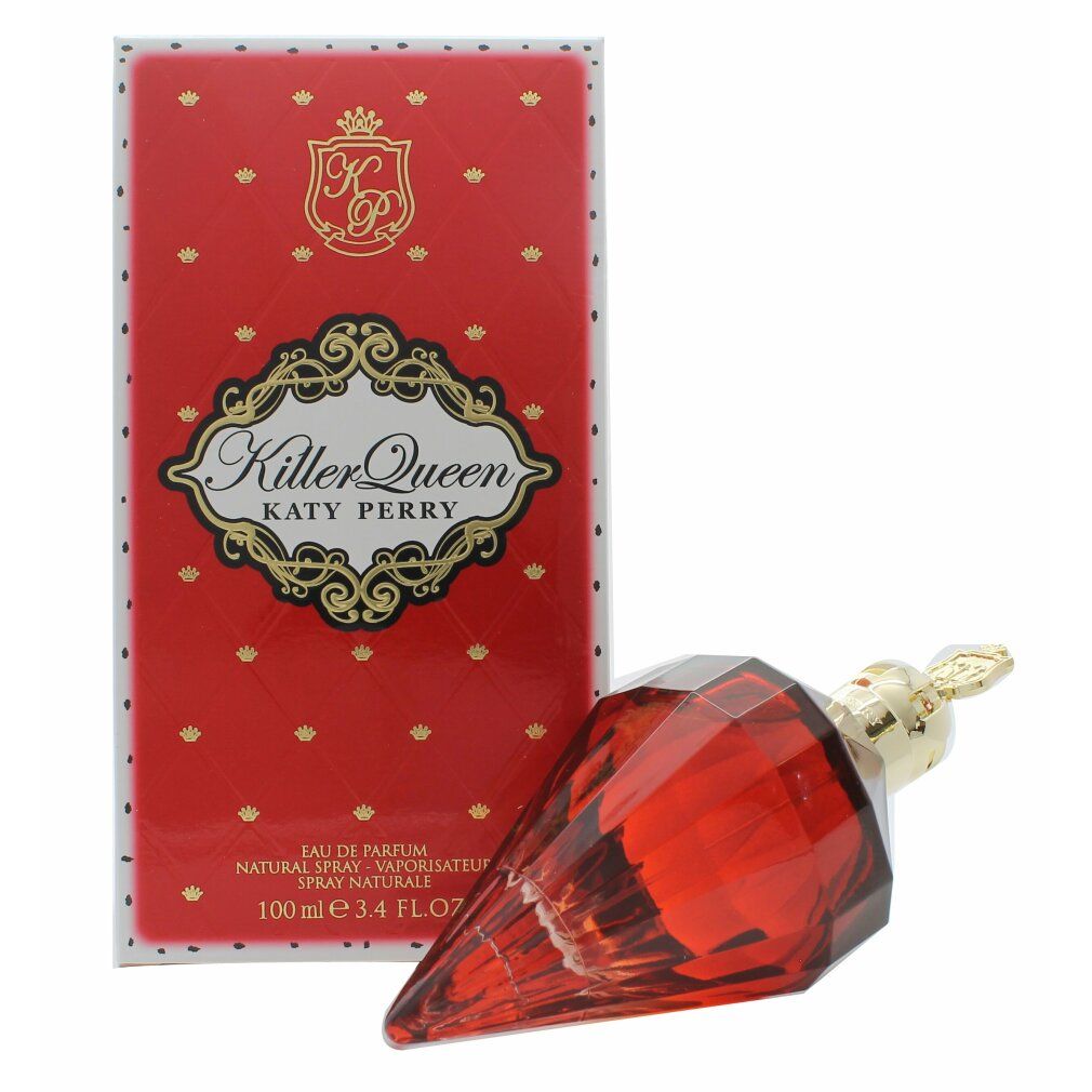Flacon rouge avec bouchon doré et emballage rouge. L'emballage porte la mention "Killer Queen Katy Perry".