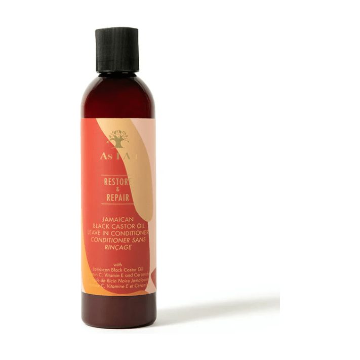Flacon marron avec bouchon noir. Inscription: AS I AM, RESTORE & REPAIR, Jamaican Black Castor Oil Leave-In Conditioner.