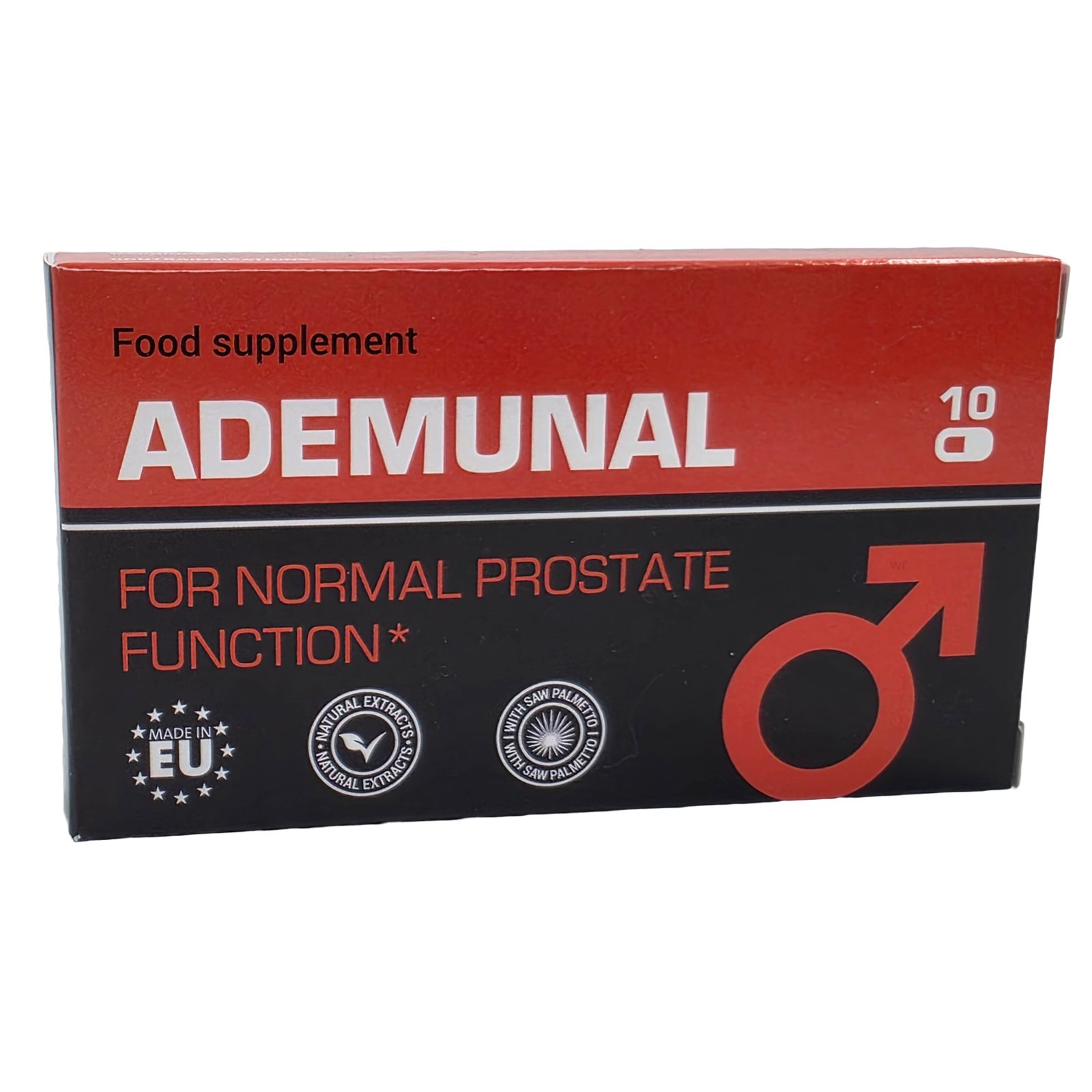 Rode en zwarte doos met opschrift. Bevat 10 capsules. Opschrift: ADEMUNAL, FOR NORMAL PROSTATE FUNCTION.