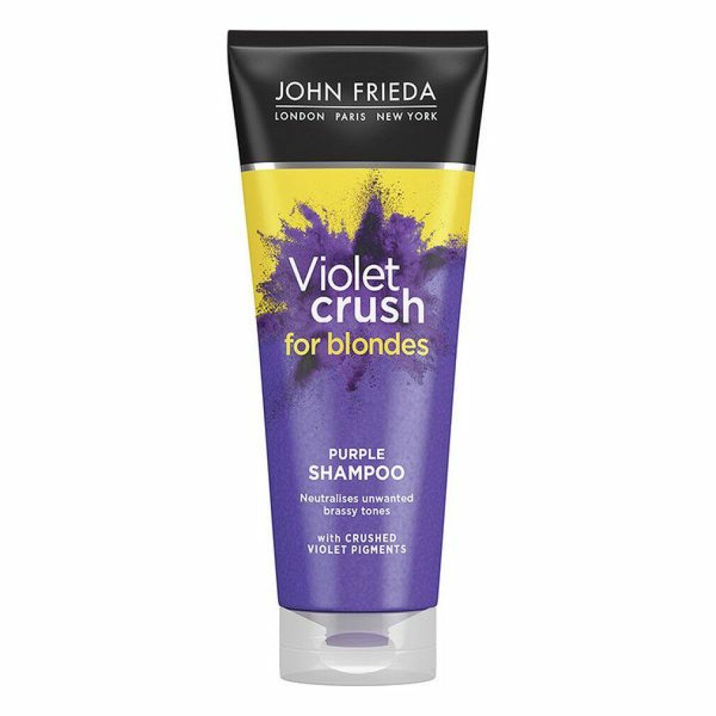Tube de shampooing violet. Bouchon noir, fond jaune. Texte: Violet Crush for blondes, Purple Shampoo.