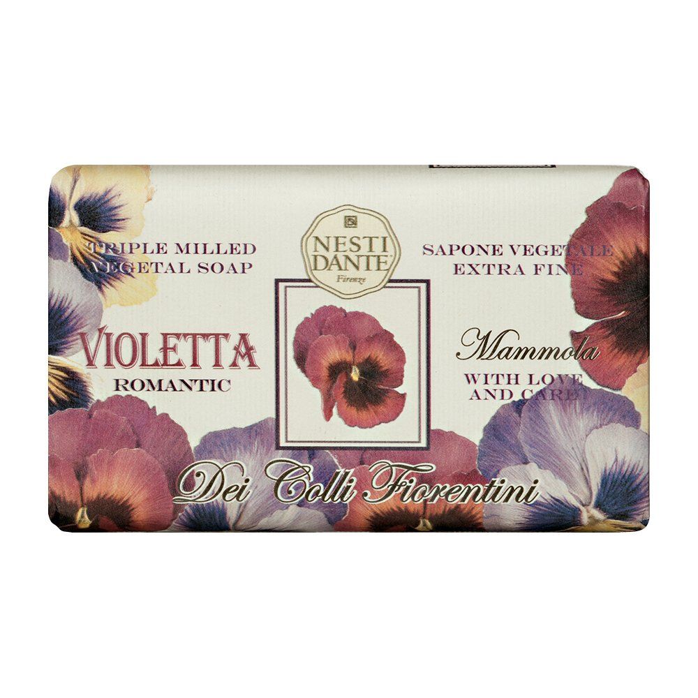 Nesti Dante zeep Violetta Romantic, triple milled, plantaardig, extra fijn. Met viooltjesillustratie.