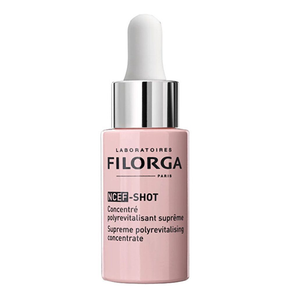 Flacon rose avec compte-gouttes blanc. Inscription: FILORGA PARIS, NCEF-SHOT, Concentré polyrevitalisant suprême.