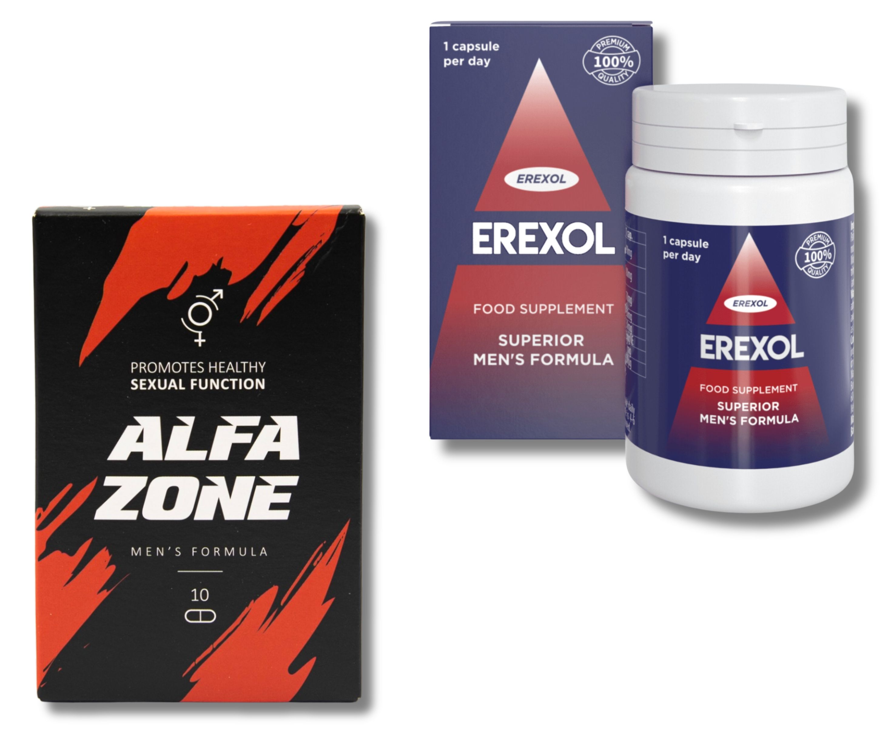 Drie producten: Alfa Zone-doos, Erexol-doos en -fles. Alfa Zone: zwart, rood. Erexol: blauw, rood, wit. Opschrift: Men's Formula.