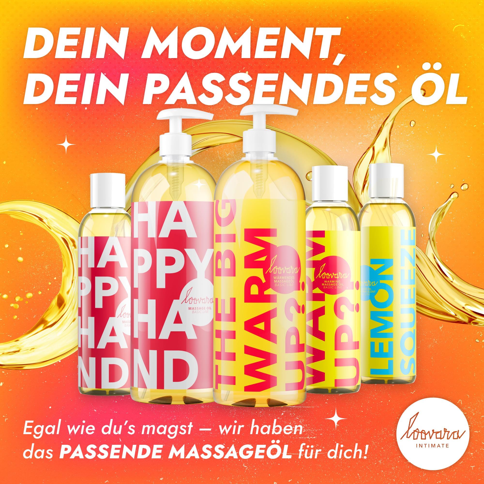 Bouteilles d'huiles de massage de différentes variétés et tailles.
