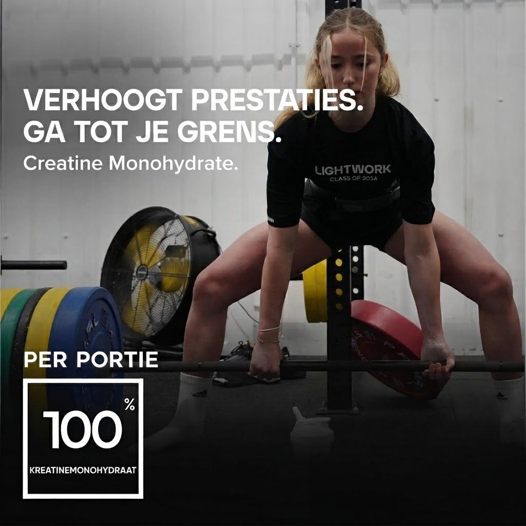 Jonge vrouw tilt gewichten met halter en schijven. Tekst: "Verhoogt prestaties. Ga tot je grens. Creatine Monohydraat."