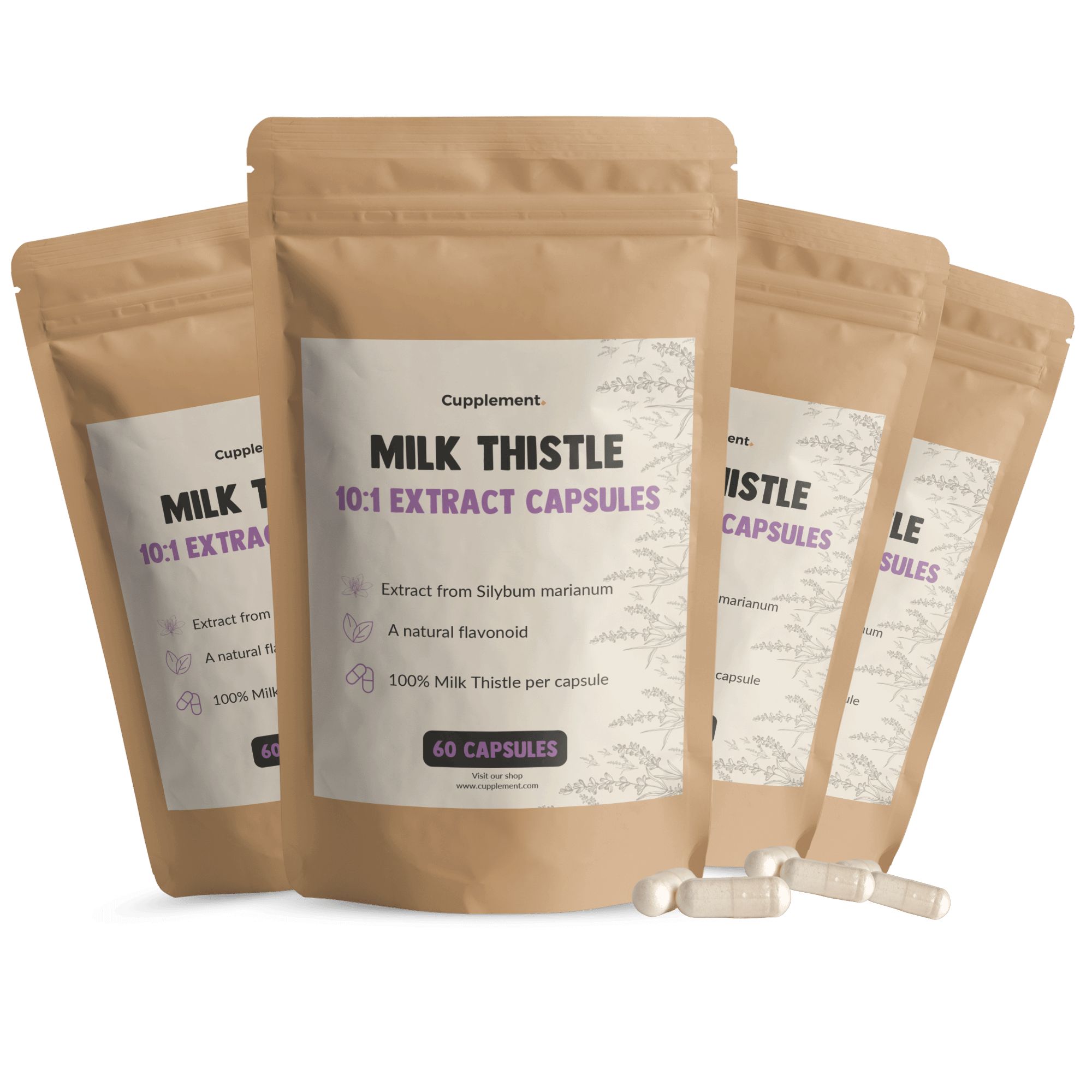 Plusieurs sachets de gélules. Inscription : Milk Thistle 10:1 Extract Capsules. 60 gélules. Quelques gélules à côté.