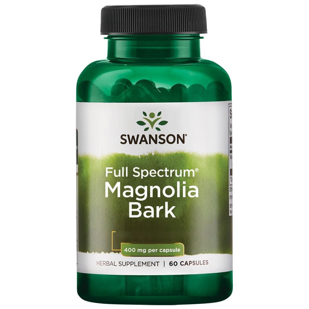 Bouteille verte de capsules de Magnolienrinde 400mg Swanson, 60 capsules.