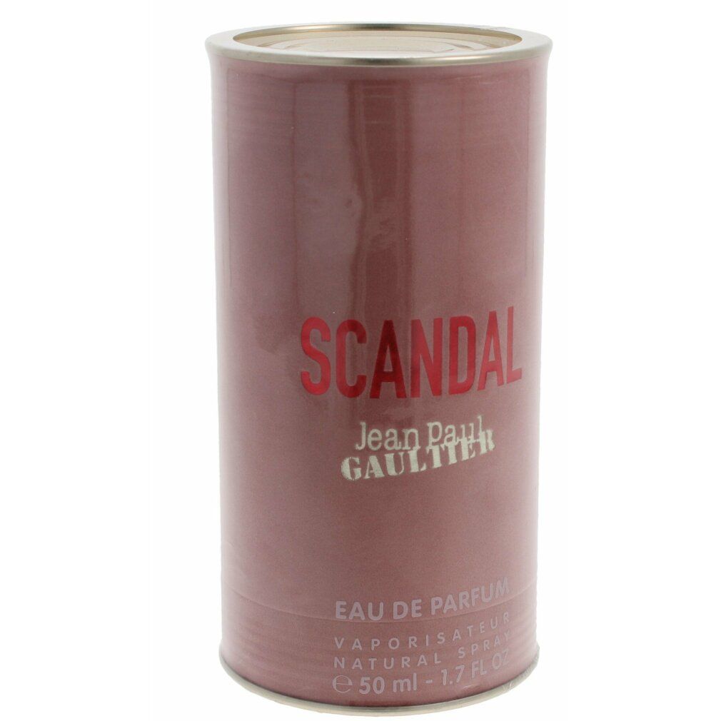 Emballage cylindrique. Inscription: SCANDAL, Jean Paul Gaultier, Eau de Parfum, 50 ml.