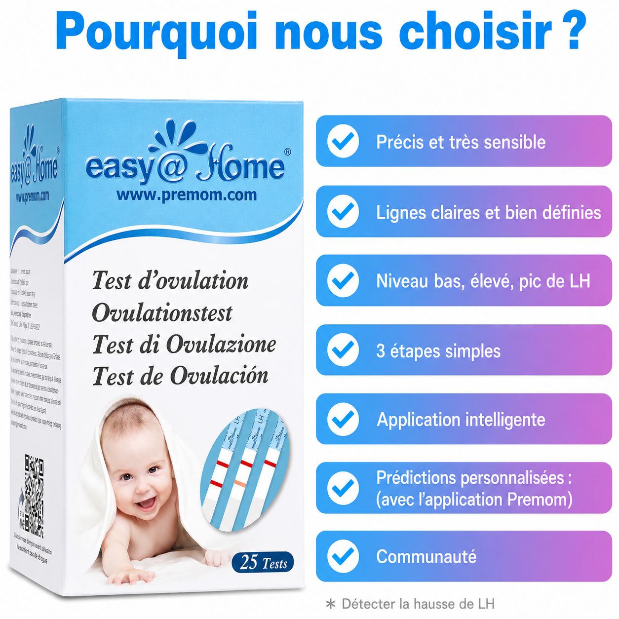 Boîte de 25 tests d'ovulation easy@Home, avec un bébé et des bandelettes tests.