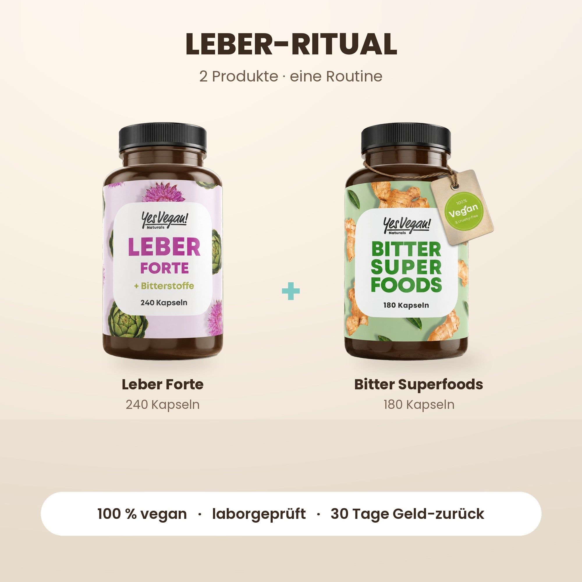 Twee flessen Yes Vegan! Leber Forte (240 capsules) en Bitter Super Foods (180 capsules) in een routine.