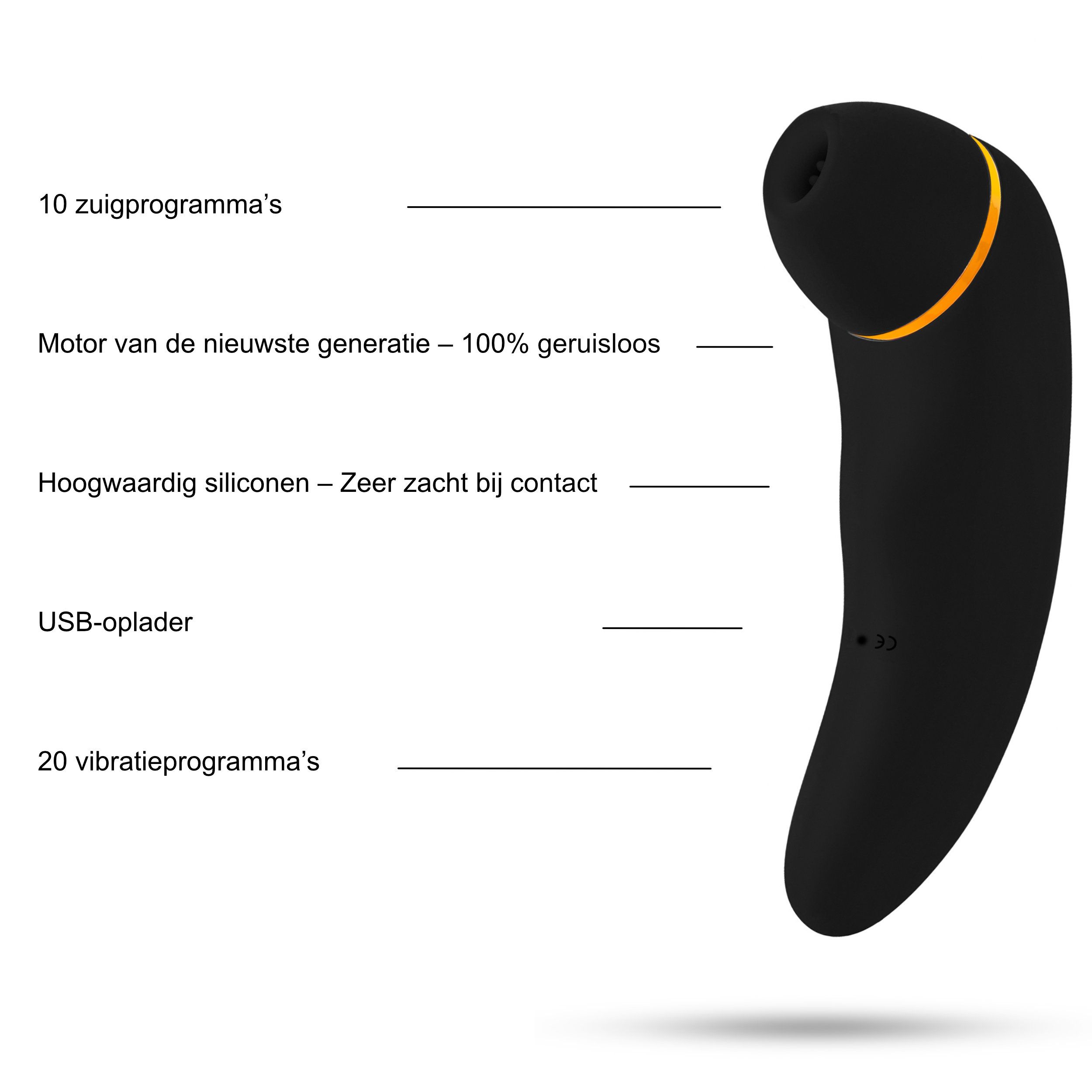 Zwarte klitorissensualator in dildovorm. 10 zuigprogramma's, 20 vibratieprogramma's, USB-oplader.