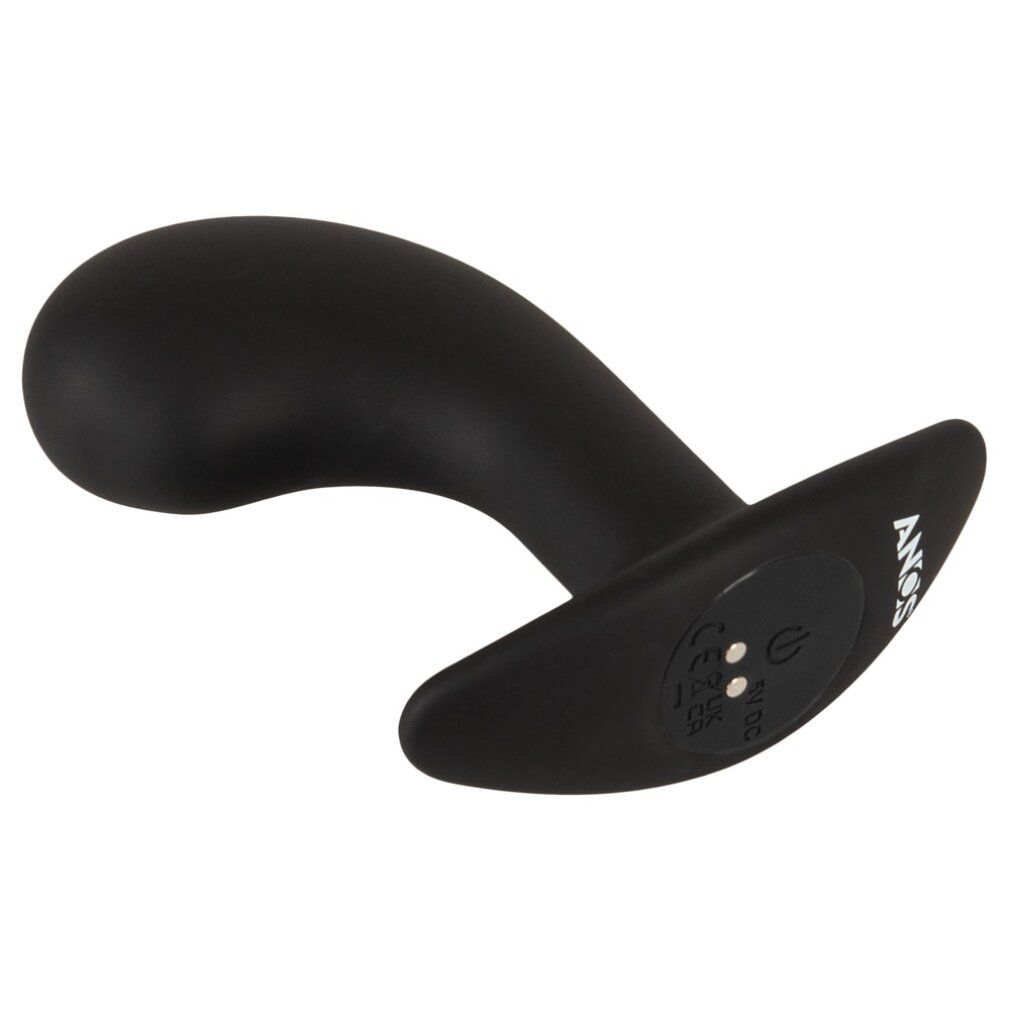 Zwarte prostaat vibrator met gebogen punt en brede basis. Oplaadpoort zichtbaar.