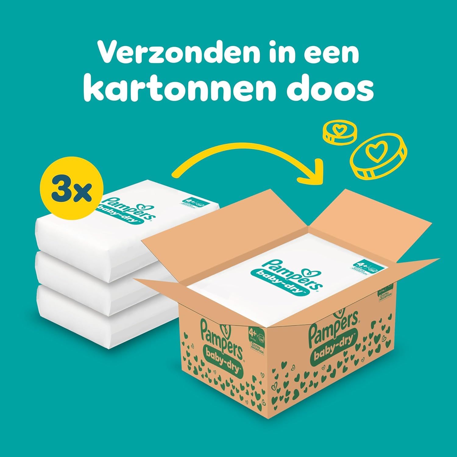Pampers Baby-Dry luierpakken verpakt in een kartonnen doos. "Verzonden in een kartonnen doos".