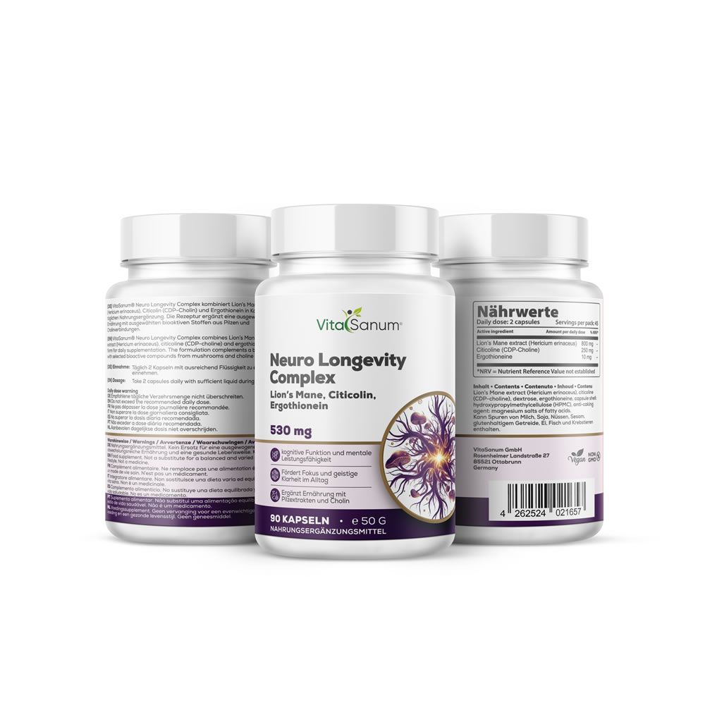 VitaSanum Neuro Longevity Complex Capsules, 90 stuks, voor- en achterkant.