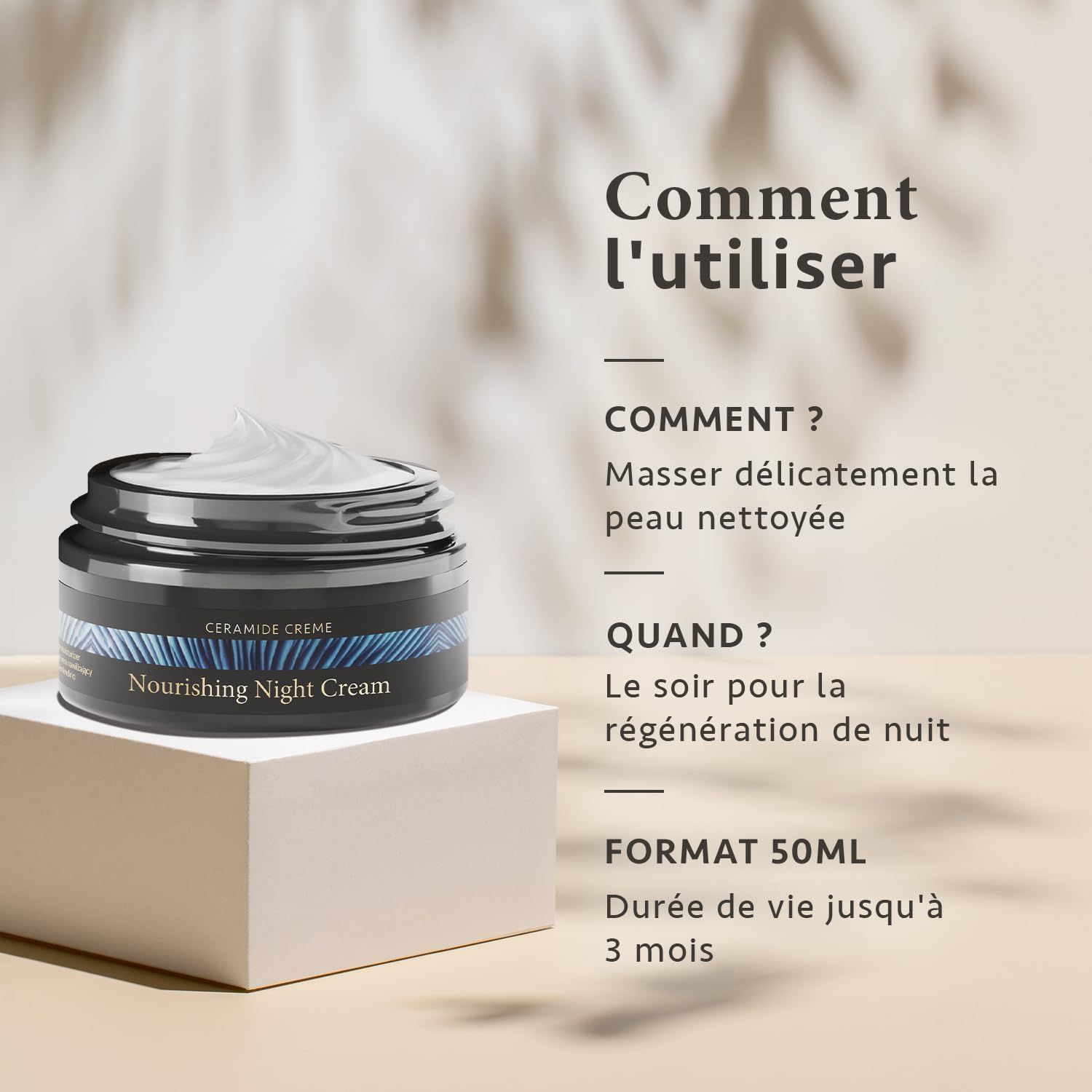 Utilisation: Appliquer le soir sur peau nettoyée. Format 50ml.