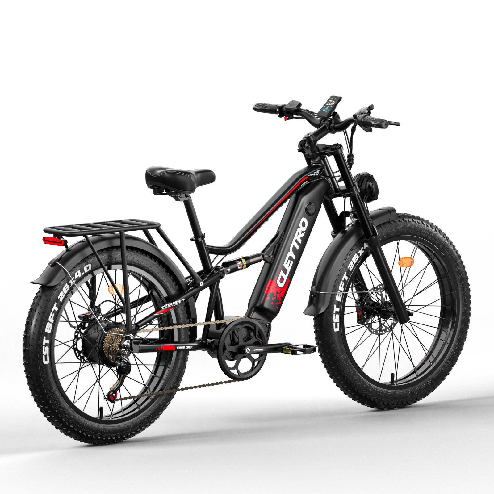 VTT électrique noir avec porte-bagages. Pneus larges, suspension. Marque Cleytro.