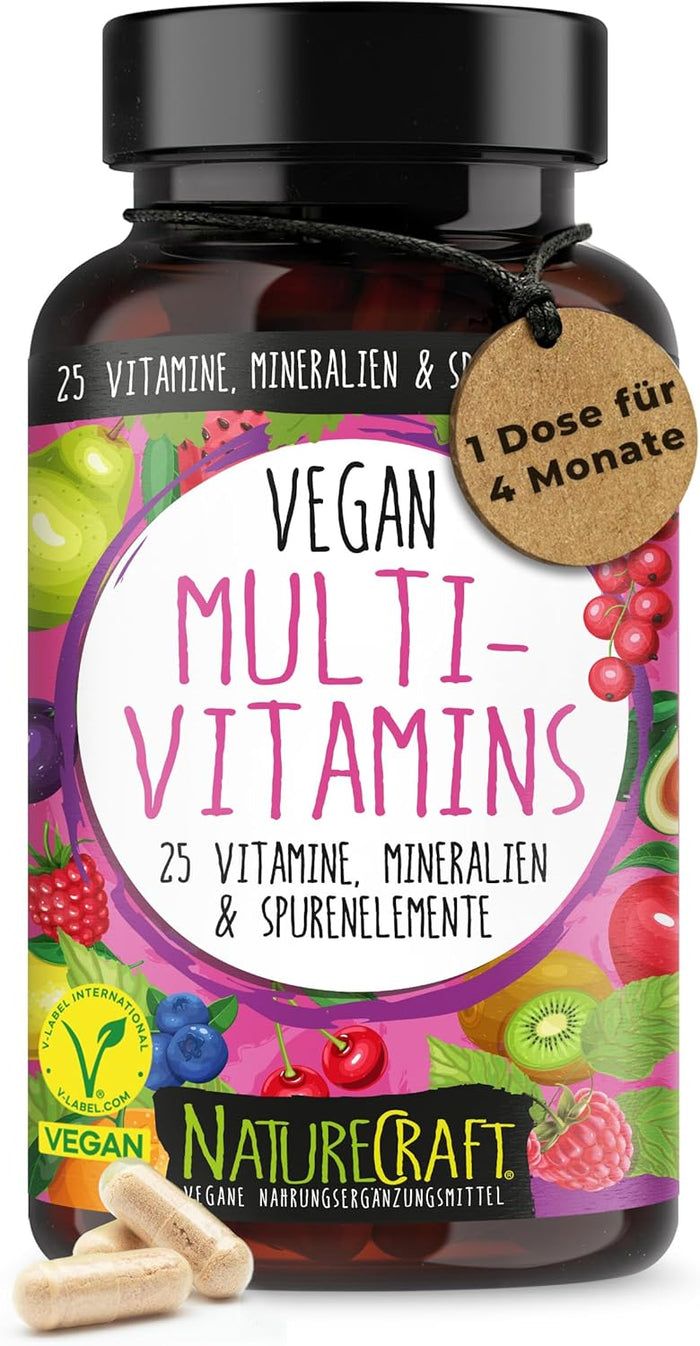 Bruine fles Vegan Multi-Vitaminen. Label met fruit, tekst en V-Label. Bevat 25 vitaminen, mineralen & sporenelementen.
