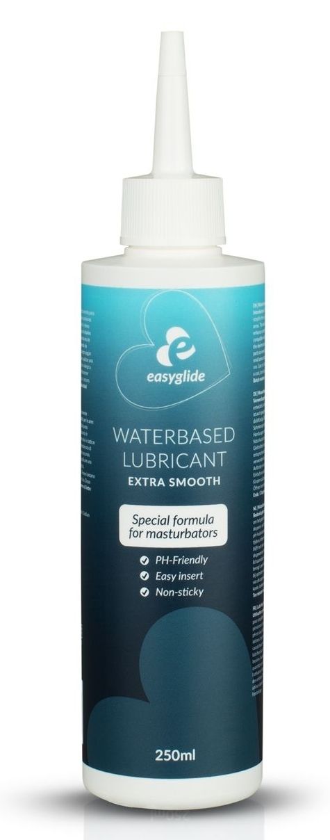 Flacon avec bouchon blanc et applicateur. Inscription: Easyglide Waterbased Lubricant Extra Smooth. Formule spéciale pour masturbateurs.