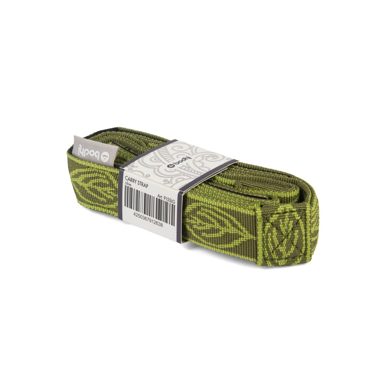 Sangle de transport olive pour tapis de yoga, emballée. Logo Bodhi et code-barres.