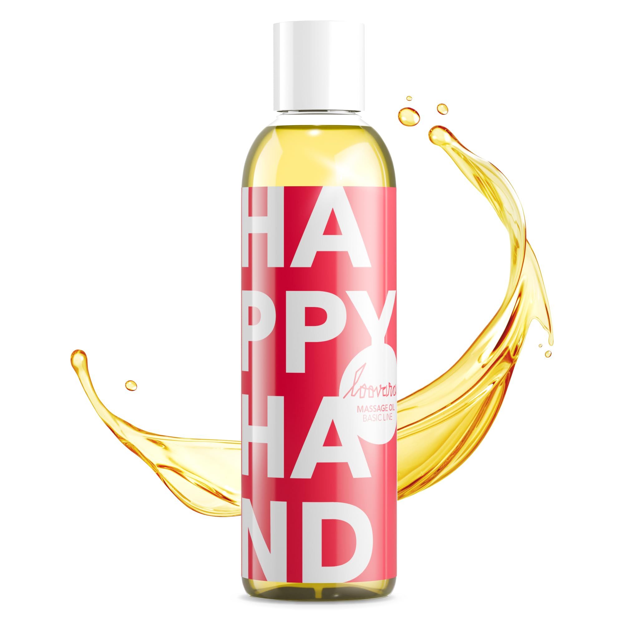 Bouteille d'huile de massage Loovara Happy Hand avec étiquette rouge et écriture blanche.