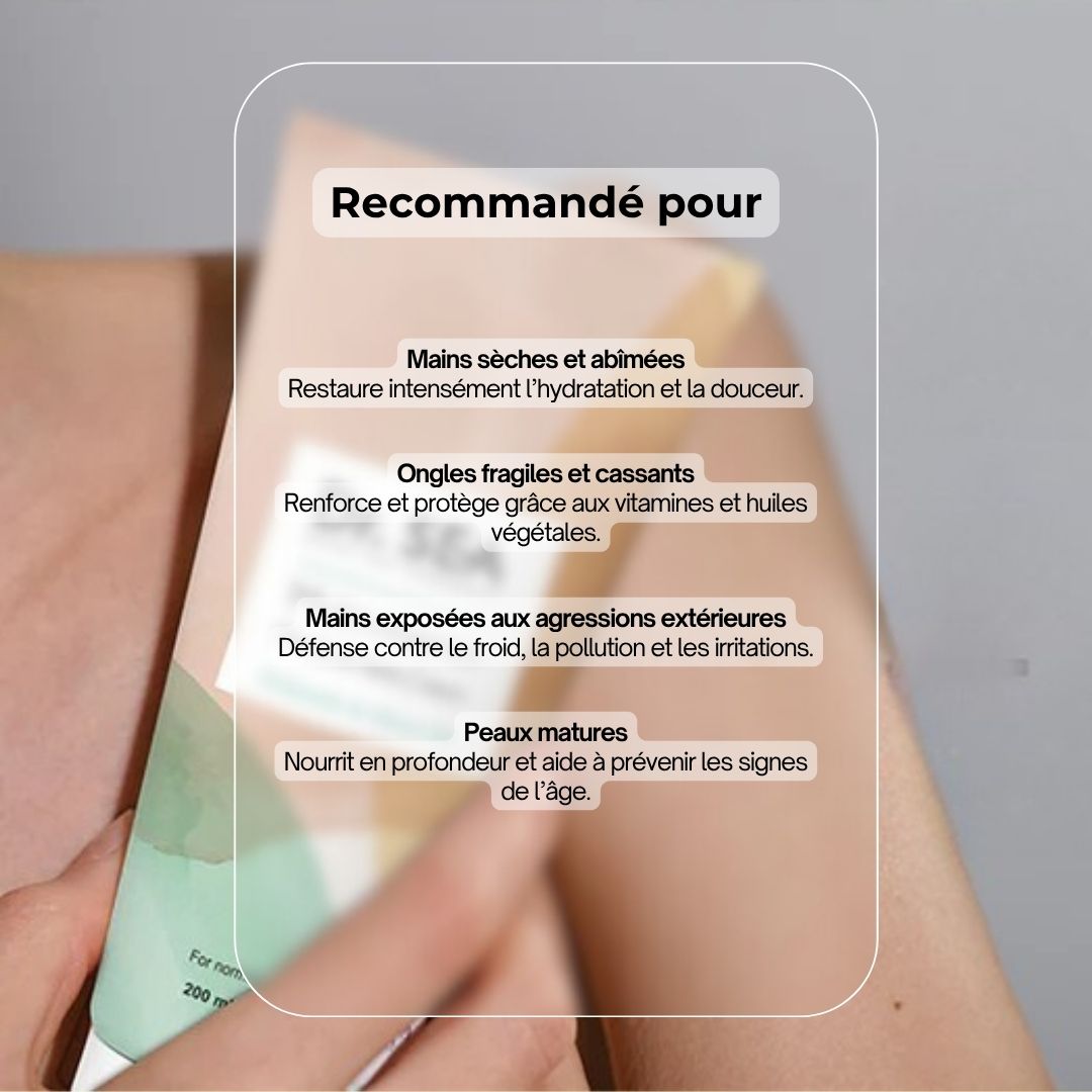 Tube de crème. Dr. Sea Multivitamin Mains & Ongles. Huile d'avocat et d'olive. Texte et icônes.