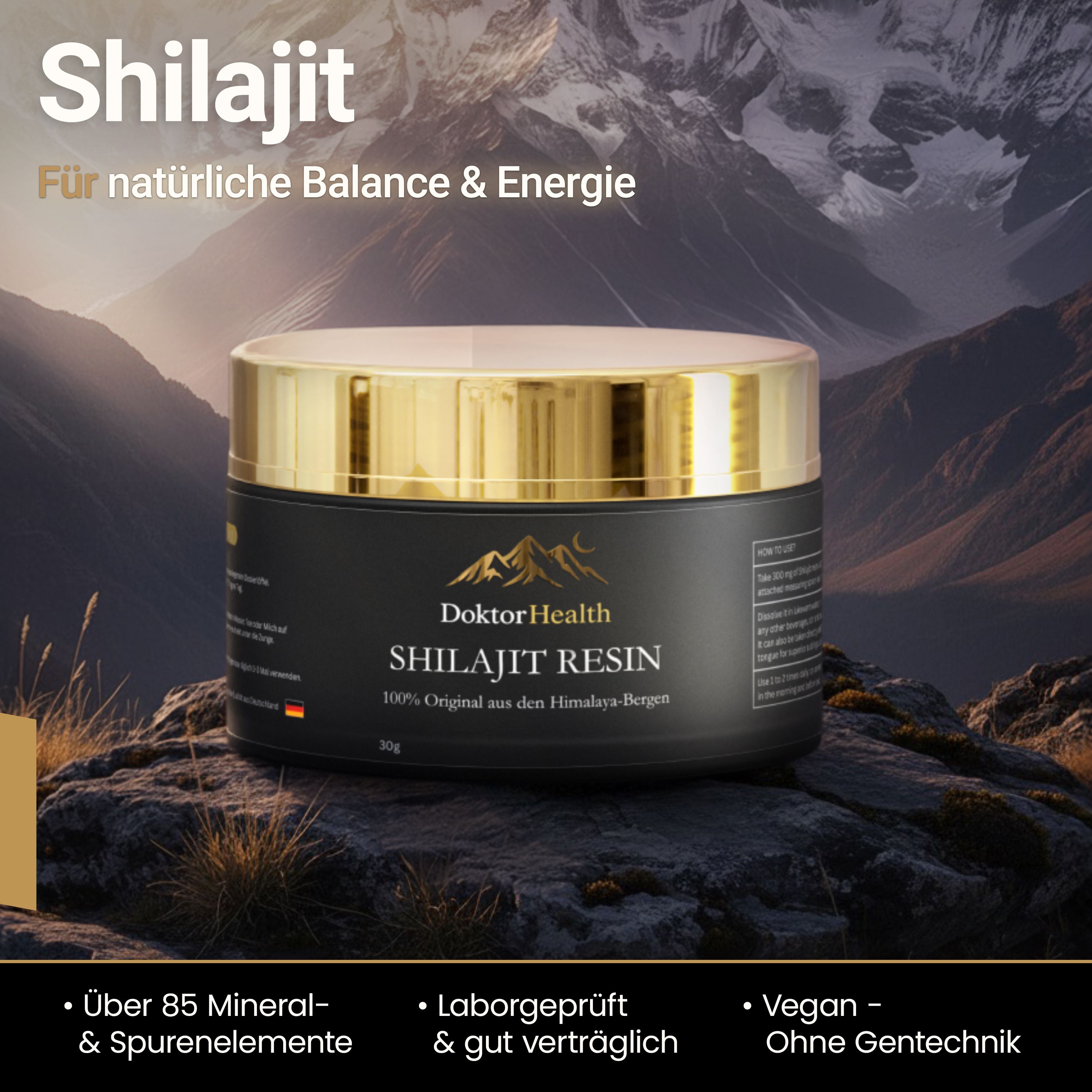 Pot de résine de shilajit, couvercle doré, étiquette noire. Texte : Doktor Health, 100% original des montagnes de l'Himalaya.
