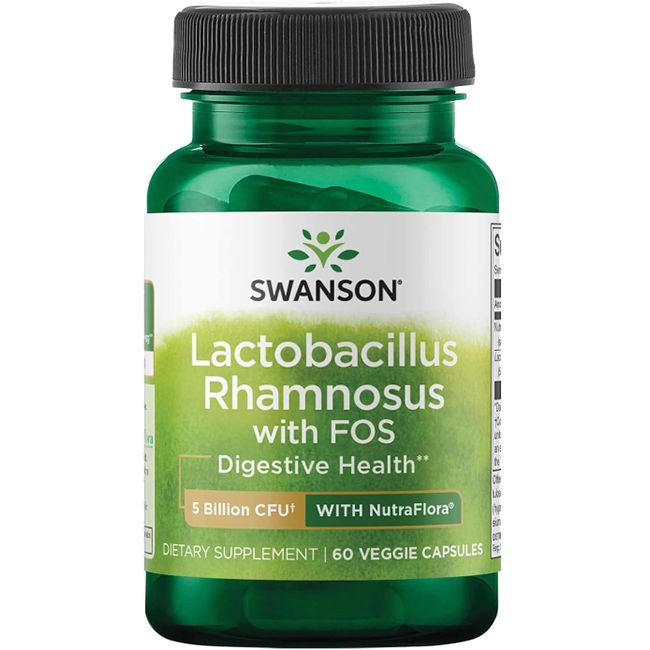 Flacon vert de gélules. Inscription: SWANSON, Lactobacillus Rhamnosus avec FOS, 60 gélules. 5 milliards d'UFC.